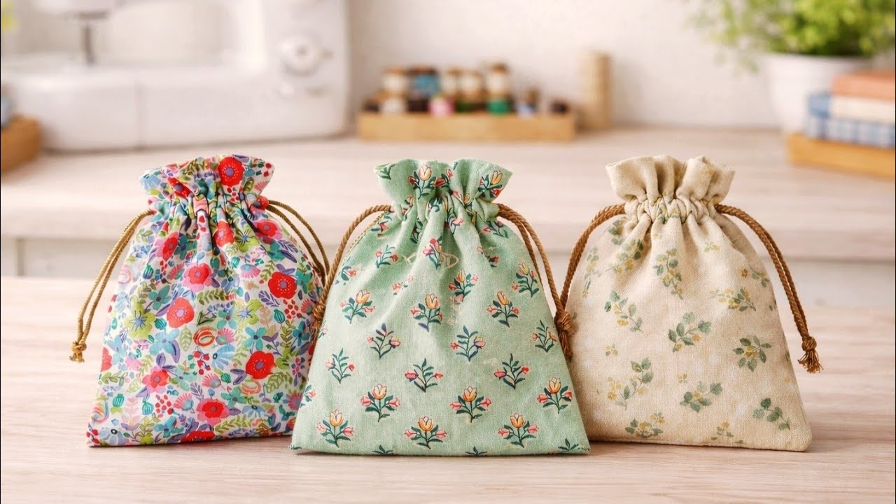 10分で完成！簡単かわいい巾着袋の作り方🌷10 Minute Sewing Project | Super Easy Drawstring Pouch DIY