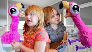 2 PiNK FLAMiNGO PETS!!  Adley and Niko Learn to feed and potty train new pretend pet animal friends
