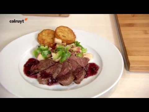 Recette Steak de biche à l’échalote et poêlée de pommes aux choux de Bruxelles - Colruyt