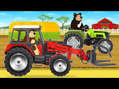 Farmer Farm Working - Front Loader Tractors and Picking Up Round Hay Straw Bales | Vehicles Farm