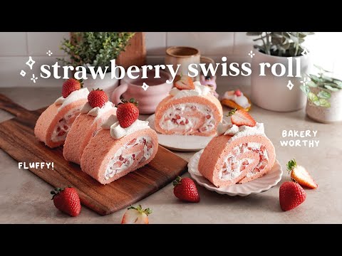 Strawberry Swiss Roll Cake 🍓 baking recipe