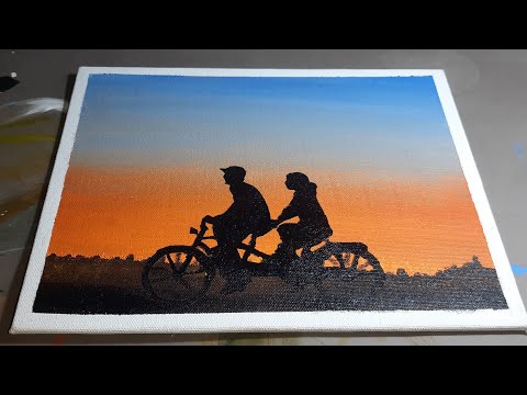 Landscape Acrylic Painting / Bicycle Silhouette / 💑 Lovely Couple Silhouette /Masking Tape Technique