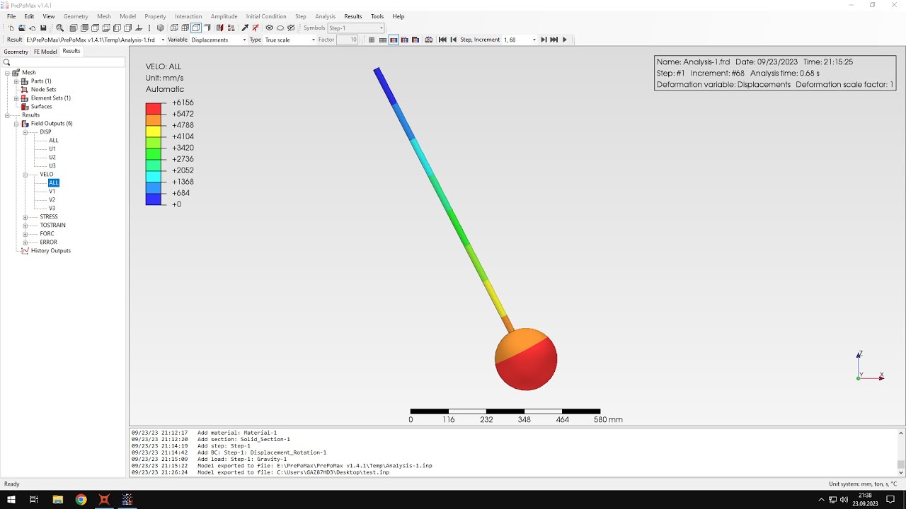 PrePoMax (CalculiX FEA) - Tutorial 37 - Implicit dynamics - pendulum