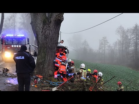 Samochód dostawczy wiozący butle z gazem uderzył w drzewo. Akcja ratunkowa.