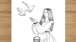 How to draw a girl feeding birds | very easy drawing of girl with birds | drawing for beginners
