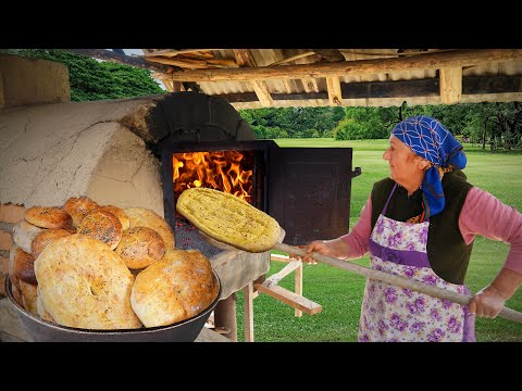 Village Bread Recipe - Grandma Baking Milk Breads in a Traditional Wood Fired Oven in my Village