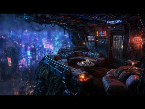 🎵 Escape Cafe: Relaxing above the Digital Metropolis | Rain and Ambient Music | 4K | 10 hours