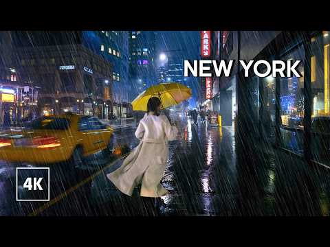 Walking in Thunderstorm at Night in NEW YORK (Umbrella Binaural 3D Rain Sounds) ASMR 4K