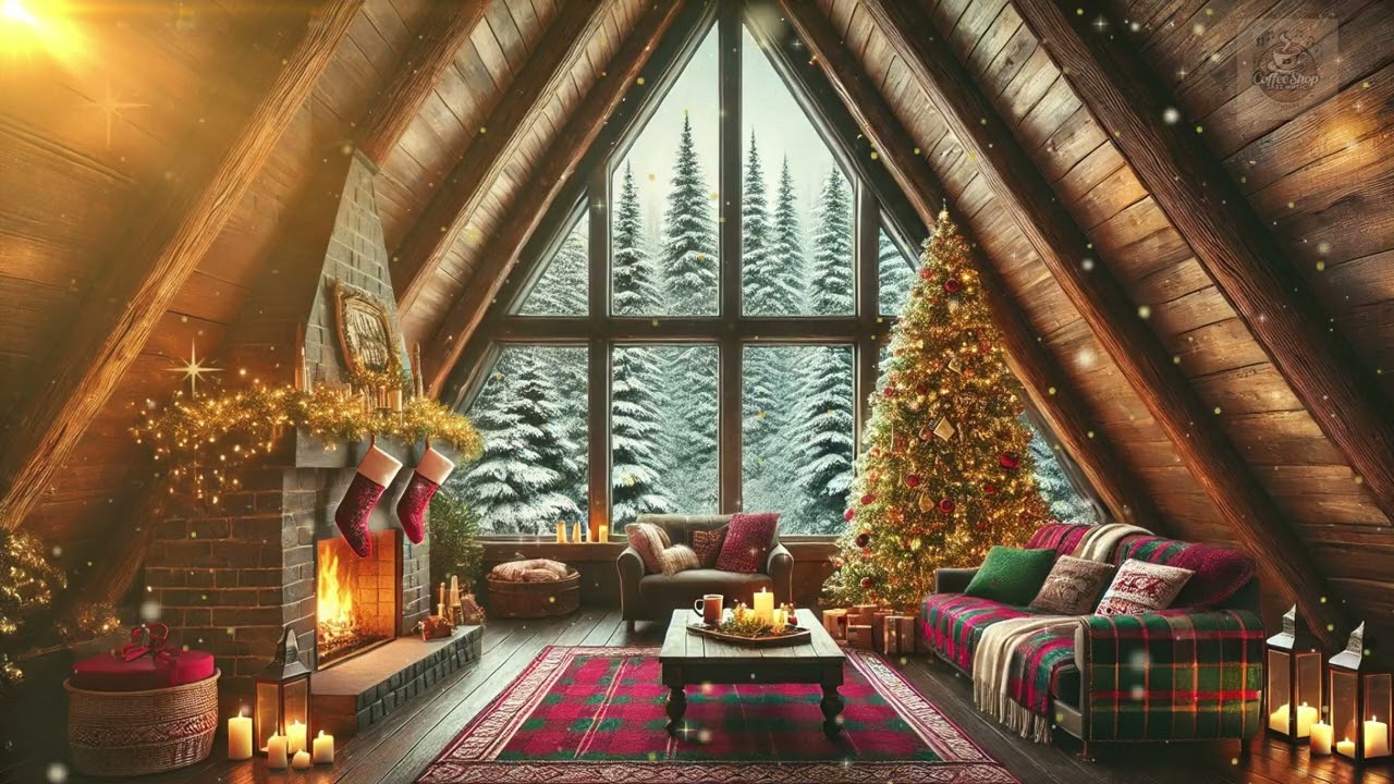 Festive Jazz with Crackling Fireplace🔥🎄 |  Cozy A-Frame Cabin Ambience | Jazz for Study & Relax ❄️