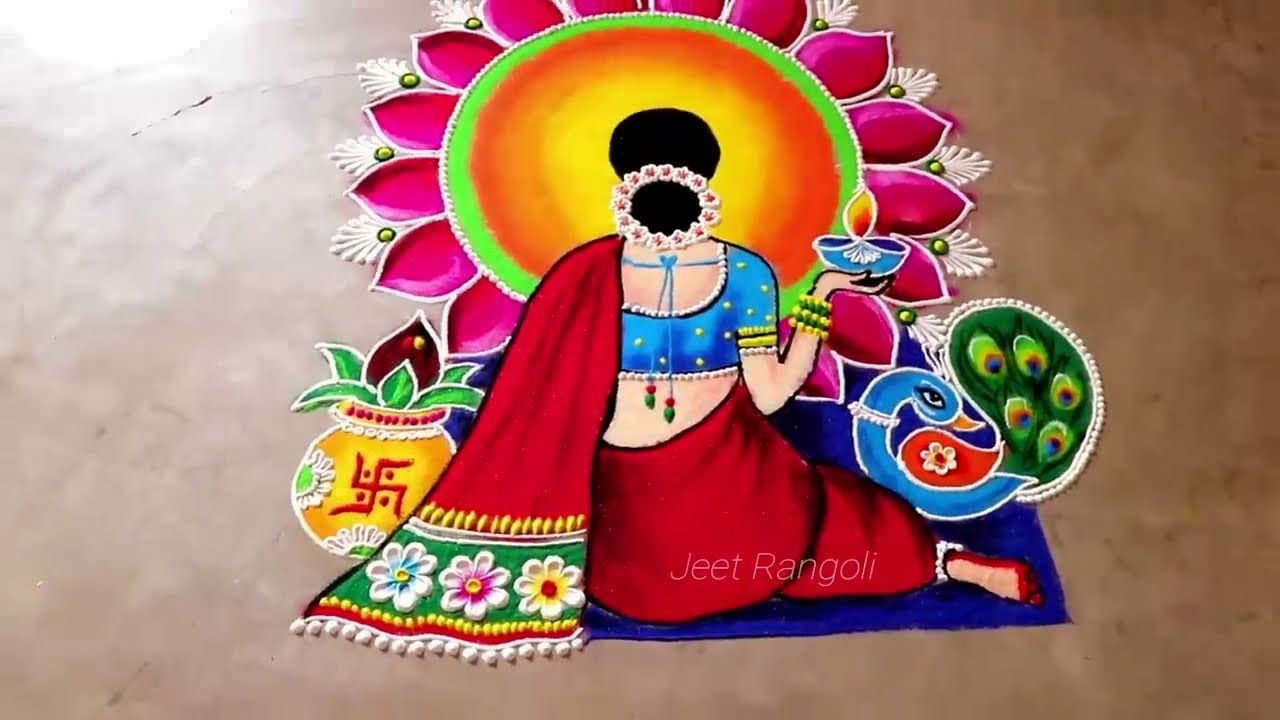 wedding rangoli woman holding lamp big colorful by jeet rangoli