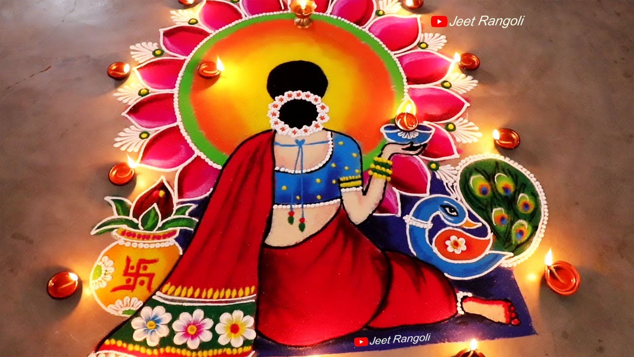 Wedding rangoli woman holding lamp big colorful by jeet rangoli