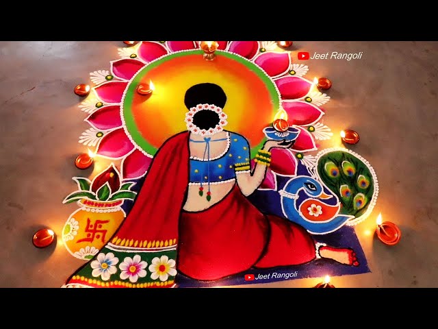 Wedding rangoli woman holding lamp big colorful by jeet rangoli