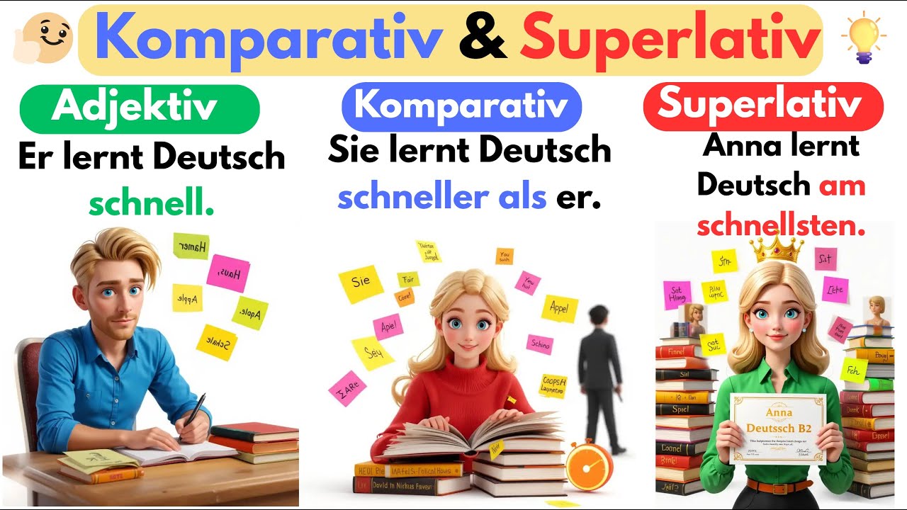 📚 100 Beispiele für Komparativ & Superlativ aus dem Alltag – Deutsch lernen für Anfänger A1/A2 🇩🇪