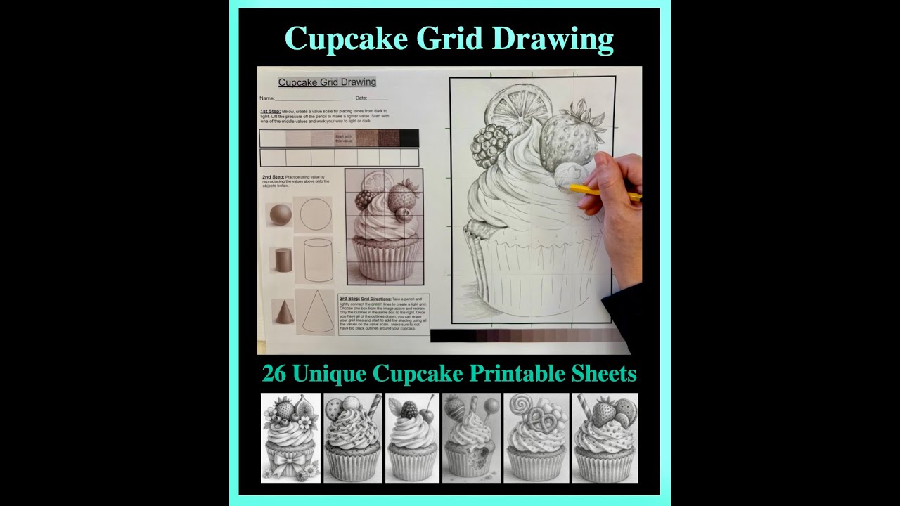 Cupcake Drawing Grid Art Lesson & Worksheets: Value, Shading, Texture and Form
