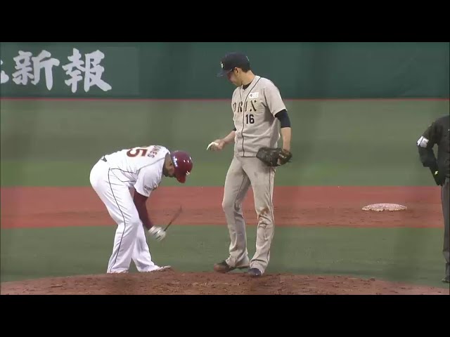 9回裏 バファローズ・平野佳がマウンドで足をとられボーク!!  2014/4/3 E-Bs