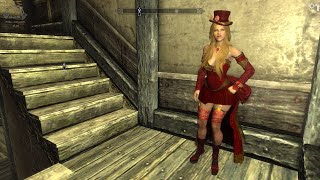 Skyrim DEM Burlesque Overhaul outfit, modeled by New Hroki Replacer follower
