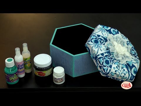Alciana Rossi ensina a fazer caixa com forração em tecido e decoupagem.