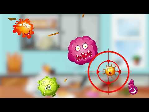 Bacteria and virus killed by shooting target icon in dirty room background