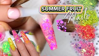 The BEST Fruit Salad SUMMER nail design 🤩 Acrylic Nails Coffin Shape