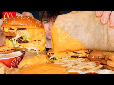 FAST & AGGRESSIVE ASMR MUKBANG MCDONALDS BURGERS GIANT CHIPOTLE BURRITOS & FRIES | DIPPED IN CHEESE