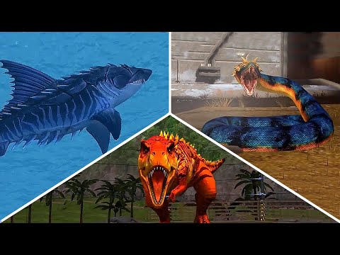 T REX VS TITANOBOA VS MEGALODON - BATTLE || JURASSIC WORLD THE GAME