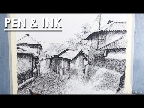 Pen and Ink Drawing A Composition on A Village Scene | step by step strokes to follow