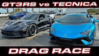 STRAIGHT PIPED GT3RS vs Tecnica * Porsche GT3RS vs Lamborghini Huracan Tecnica 1/4 Mile DRAG RACE