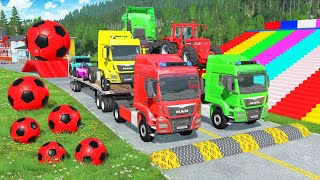 Flatbed Trailer McQueen Transportation with Truck - Speedbumps vs Cars vs Train - BeamNG.Drive #08