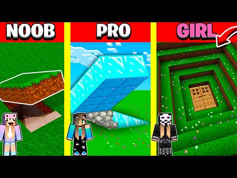Minecraft Battle: SECRET BUNKER BASE HOUSE BUILD CHALLENGE - NOOB vs PRO vs GIRL / Animation