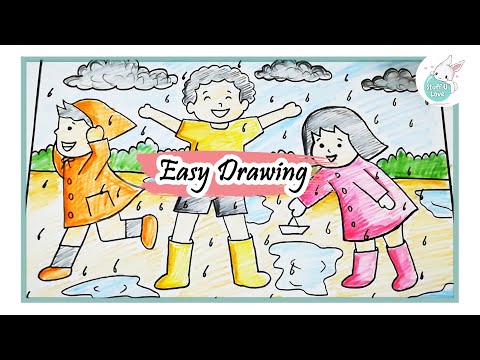 How to draw kids enjoying Rainy season easy scenary drawing tutorial for kids