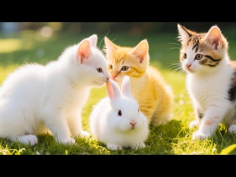 Cat and bunny on green grass - Collection of beautiful cat videos