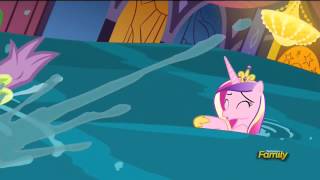 Princess Cadance and Spike washed down by water