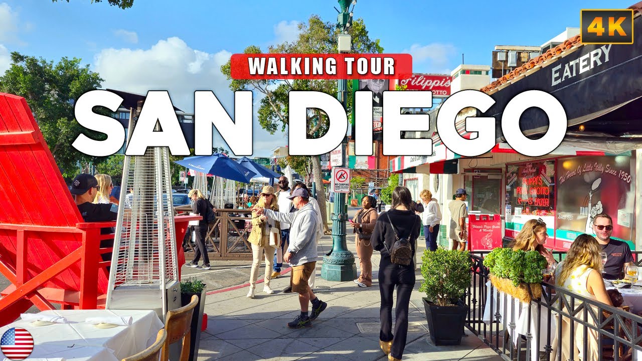 Immersive street-level walking tour through San Diego, CA, showcasing authentic urban landscapes, local architecture, and the vibrant atmosphere of the city's neighborhoods