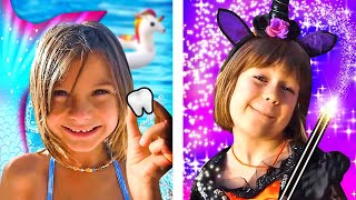 Mermaid princess lost her tooth! Mermaid & a little witch at the swimming pool for kids. Fun stories