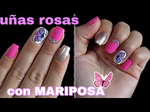 Uñas en tono rosa /Uñas con mariposa🦋/Uñas Naturales😍.