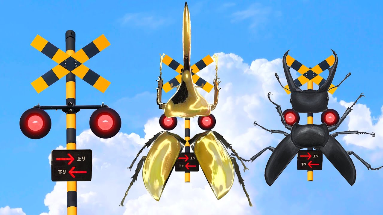 【踏切アニメ】カブトムシふみきりカンカン♪＼SSレア／Beetles! Imaginary railroad crossings and trains!