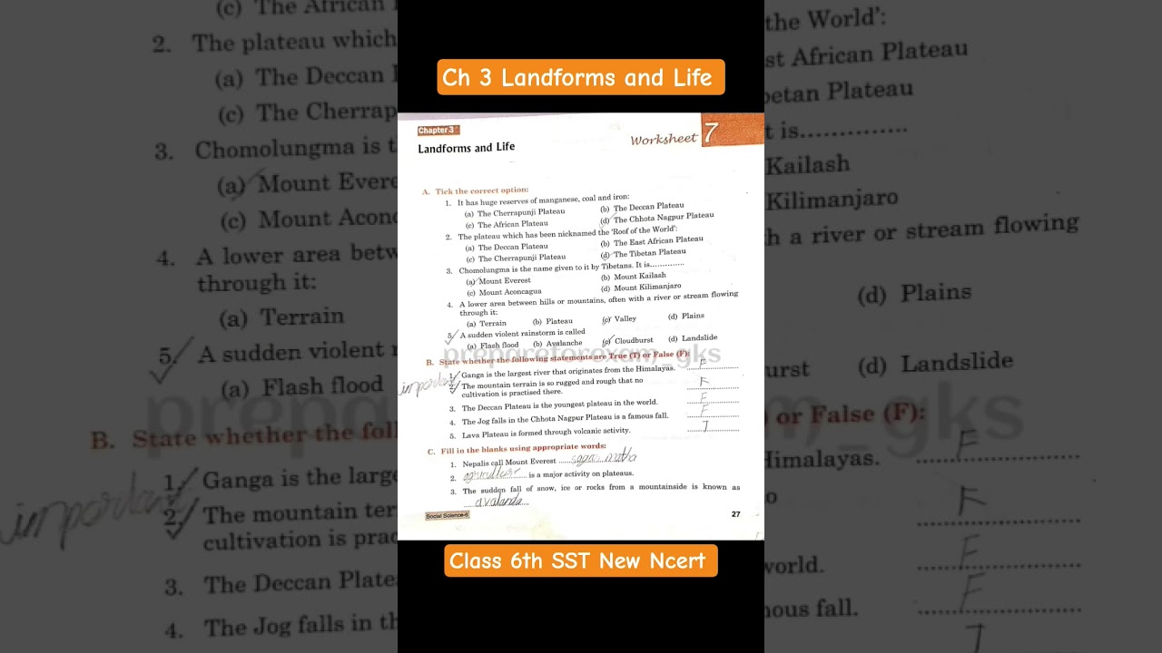 Class 6th SOCIAL SCIENCE CH 3 Landforms and Life #prepareforexam_gks #worksheet