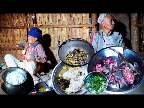 jungle man wife cooking toad curry and rice || village dinner cooking and enjoying ||
