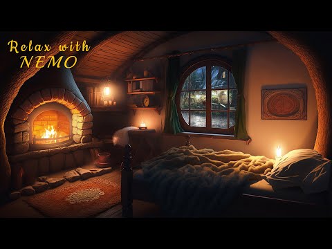 Cozy Hobbit Bedroom - Thunderstorm with Heavy Rain and Relaxing Fireplace Sounds - Rain and Thunder