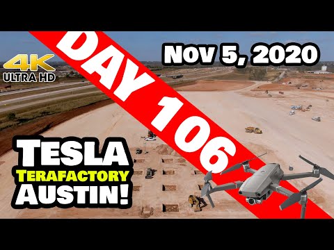 Tesla Gigafactory Austin 4K  Day 106 - 11/5/20 - Tesla Terafactory TX - FOOTERS - HUGE BEAMS - OMG!