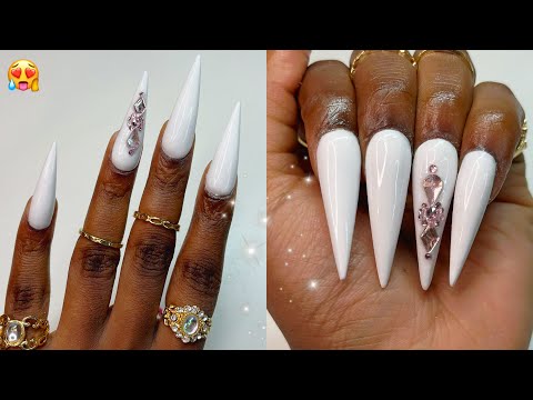 DIP POWDER White Stilettos w/ bling 💎💅🏾 | AzureBeauty