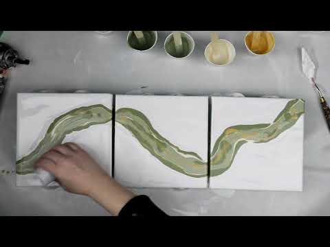 (785) Amazing CELLS in Green and Gold Triptych Dutch Pour! Acrylic Pouring Technique