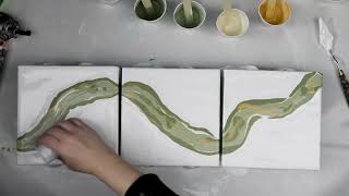 (785) Amazing CELLS in Green and Gold Triptych Dutch Pour! Acrylic Pouring Technique