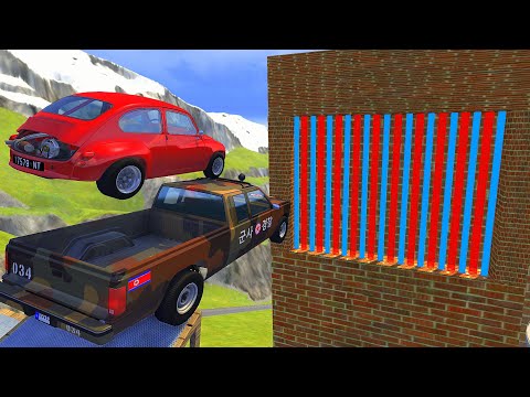 Crazy Vehicle High Speed Jumping through Red & Blue Laser Wall Crashes - BeamNG drive Pool Jumps