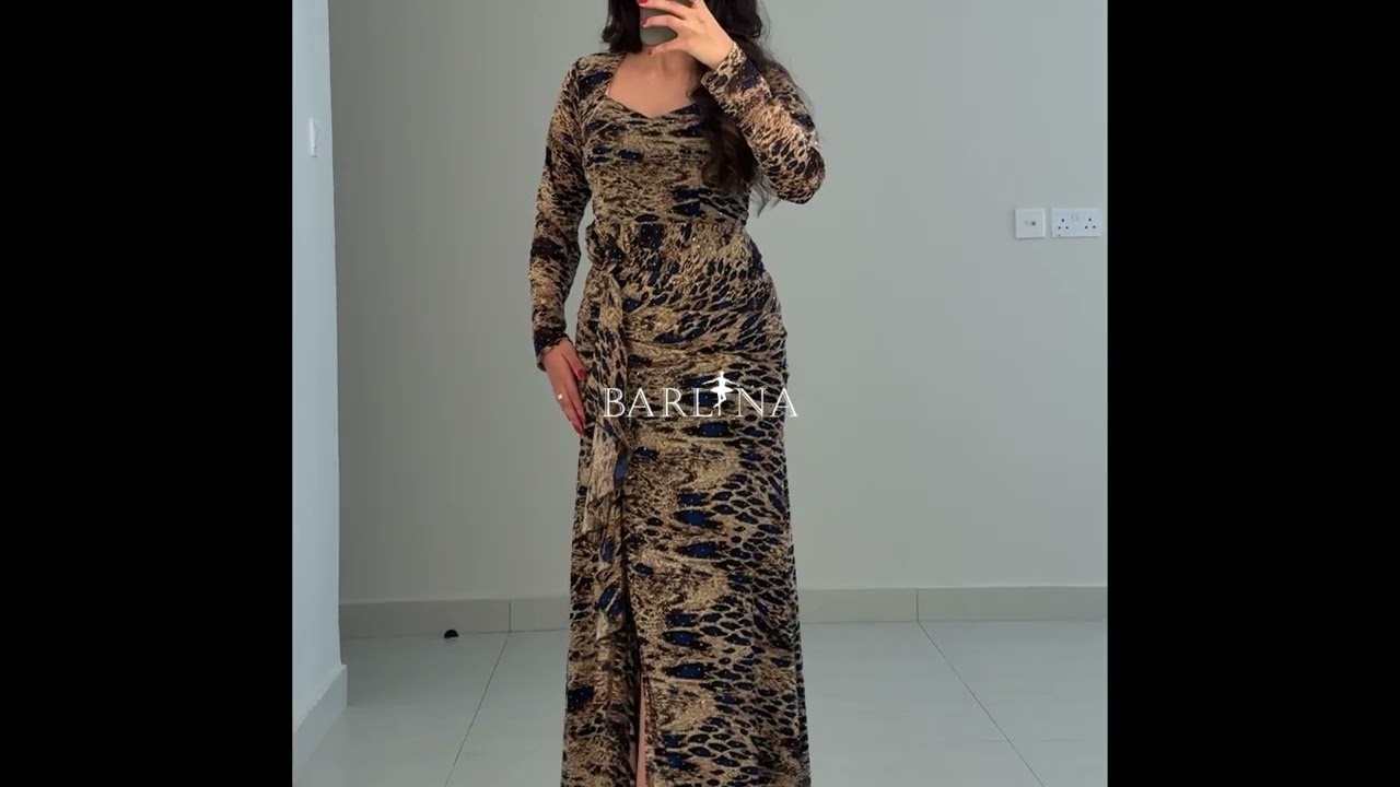 فستان انيق مع نقشة مميزة وأكمام طويلة - XL