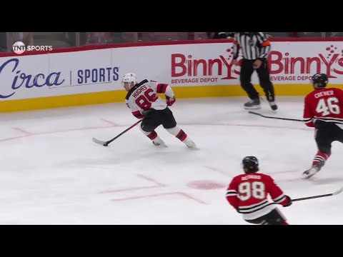 Simon Nemec scores a goal against the Chicago Blackhawks