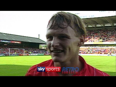 Teddy Sheringham after scoring the first televised Premier League goal