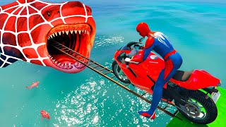 سبايدر مان اصعب دراجة نارية فوق اسماك القرش - Superheroes Ride on Motorcycle Stunt Funny Moments