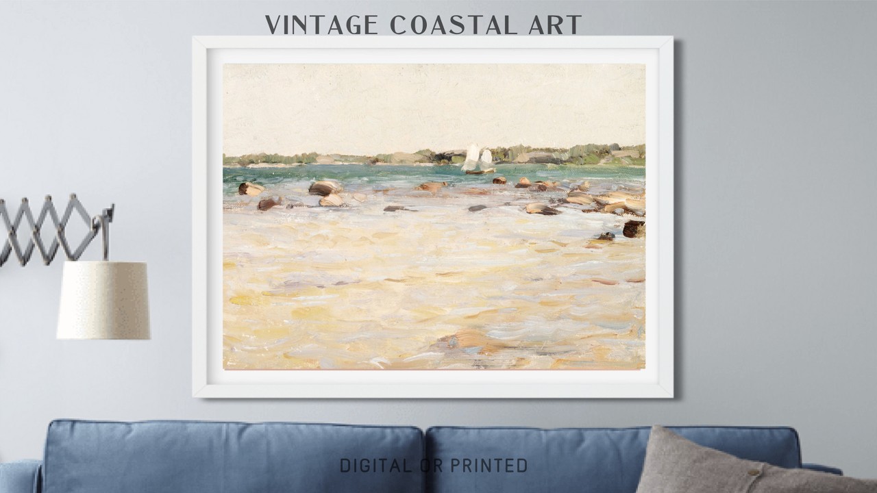 Vintage Coastal Wall Art 🎨 Seascape Oil Painting Print | Neutral Beach Fine Art Decor