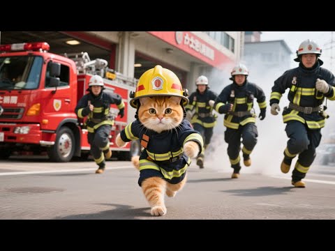 Ginger Kitten Trains as Firefighter🚒 Mama Cat Proud When Bunny Is Saved🧑‍🚒🐇